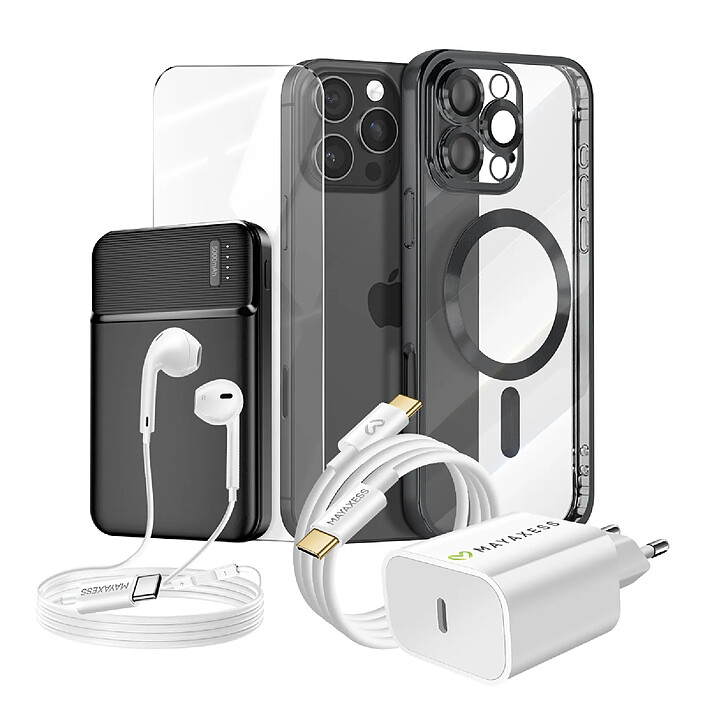 Mayaxess Pack Complet pour  iPhone 16 Pro Max Coque, Verre, Chargeur, Batterie externe, écouteurs (6 pièces) Noir
