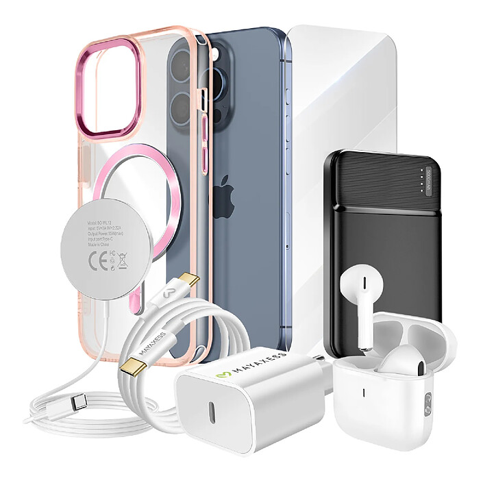 Mayaxess Pack Elite pour iPhone 15 Pro Coque, Verre, Chargeur, Batterie Externe, Magsafe, Écouteurs Bluetooth (7 pièces) Rose