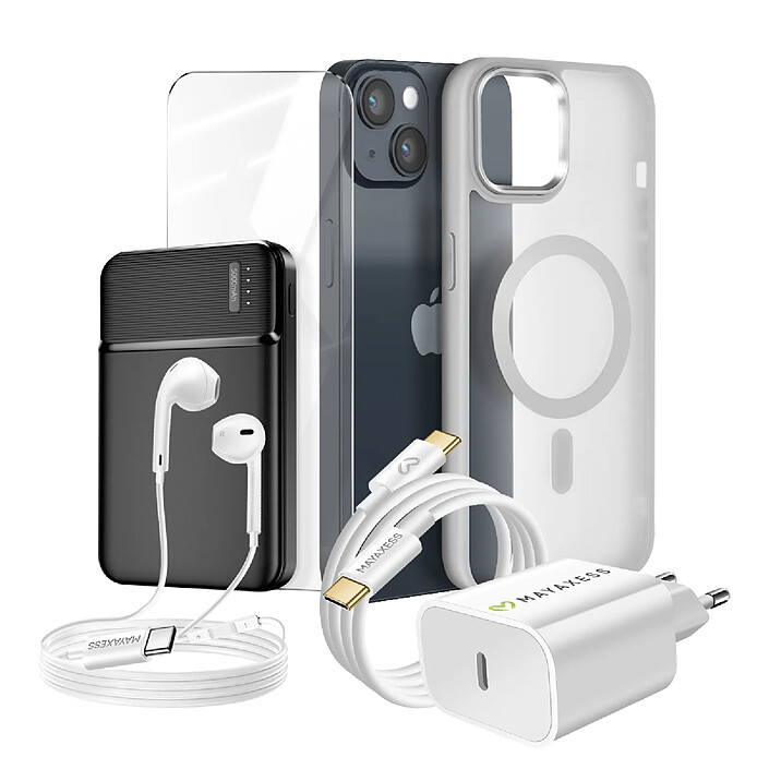 Mayaxess Pack Complet pour  iPhone 14 Coque, Verre, Chargeur, Batterie externe, écouteurs (6 pièces) Gris