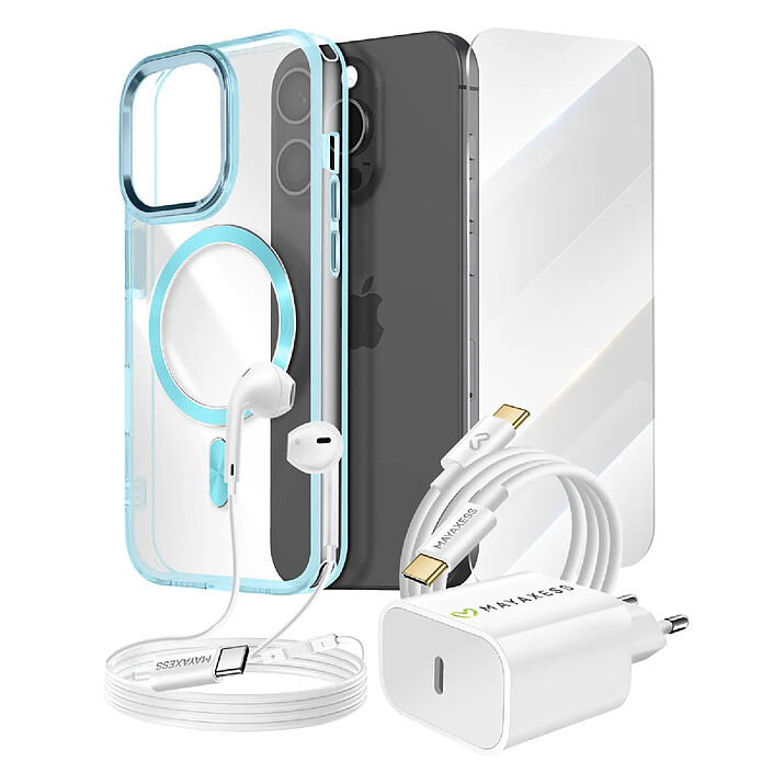 Mayaxess Pack Essentiel pour iPhone 15 Pro Coque, Verre, Chargeur, Écouteurs (5 pièces) Bleu