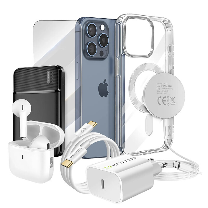 Mayaxess Pack Elite pour iPhone 15 Pro Max Coque, Verre, Chargeur, Batterie Externe, Magsafe, Écouteurs Bluetooth (7 pièces) Transparent