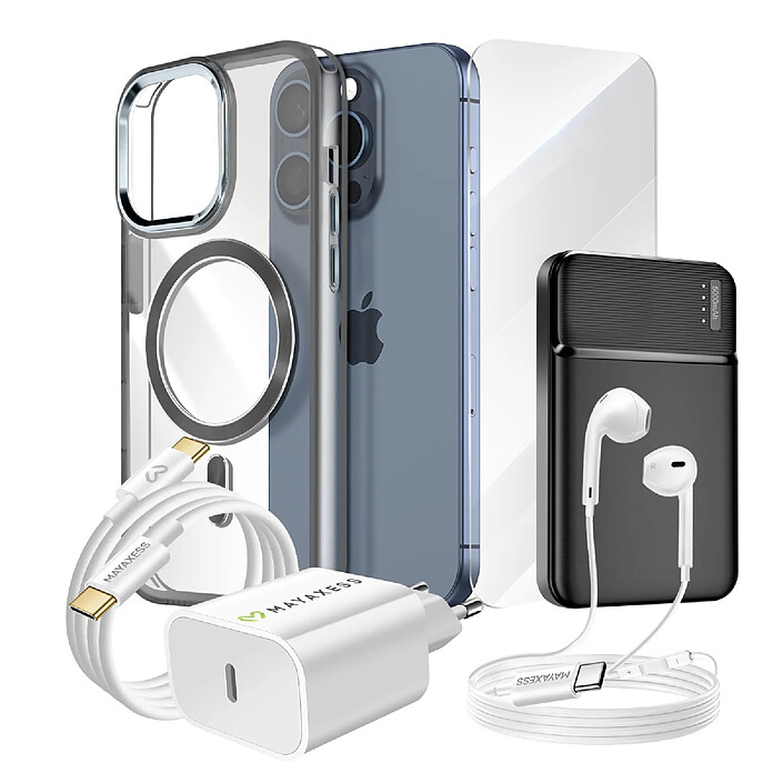 Mayaxess Pack Complet pour  iPhone 15 Pro Coque, Verre, Chargeur, Batterie externe, écouteurs (6 pièces) Noir