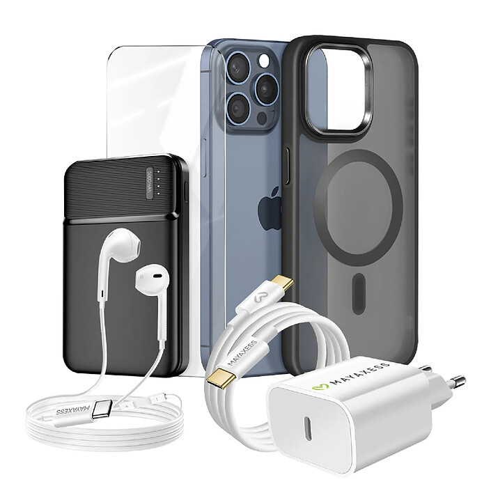Mayaxess Pack Complet pour  iPhone 15 Pro Max Coque, Verre, Chargeur, Batterie externe, écouteurs (6 pièces) Noir