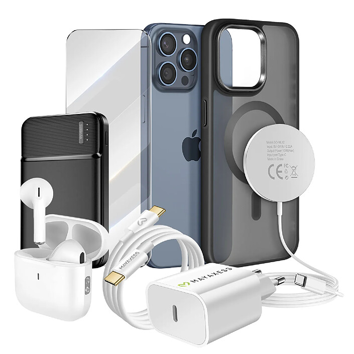 Mayaxess Pack Elite pour iPhone 15 Pro Max Coque, Verre, Chargeur, Batterie Externe, Magsafe, Écouteurs Bluetooth (7 pièces) Noir