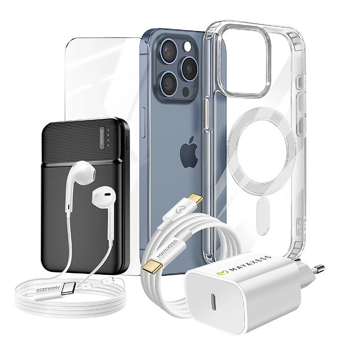 Mayaxess Pack Complet pour  iPhone 15 Pro Max Coque, Verre, Chargeur, Batterie externe, écouteurs (6 pièces) Transparent