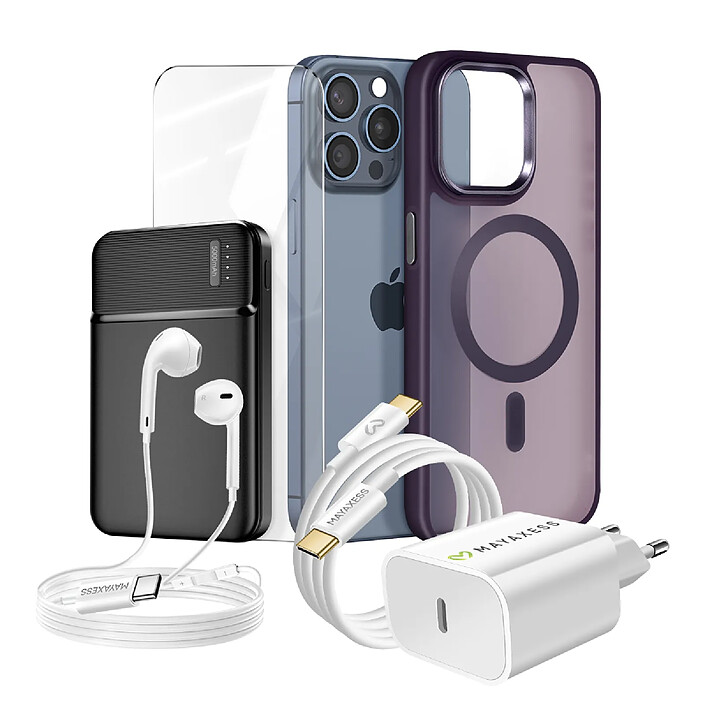 Mayaxess Pack Complet pour  iPhone 15 Pro Max Coque, Verre, Chargeur, Batterie externe, écouteurs (6 pièces) Violet