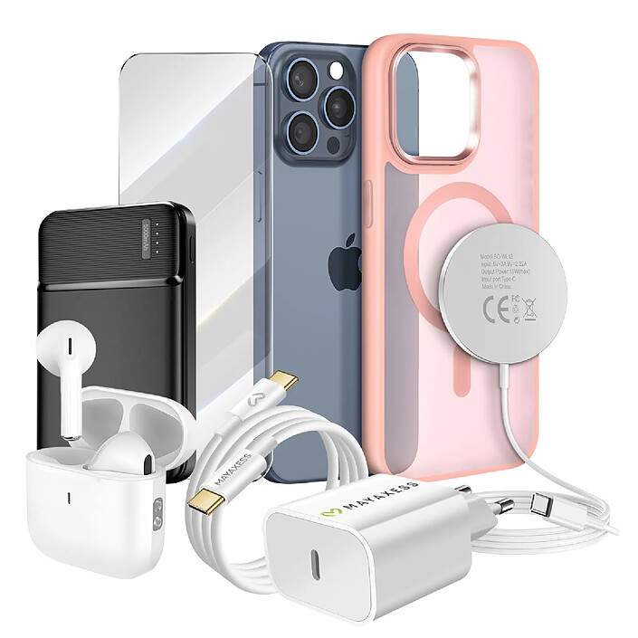 Mayaxess Pack Elite pour iPhone 15 Pro Max Coque, Verre, Chargeur, Batterie Externe, Magsafe, Écouteurs Bluetooth (7 pièces) Rose