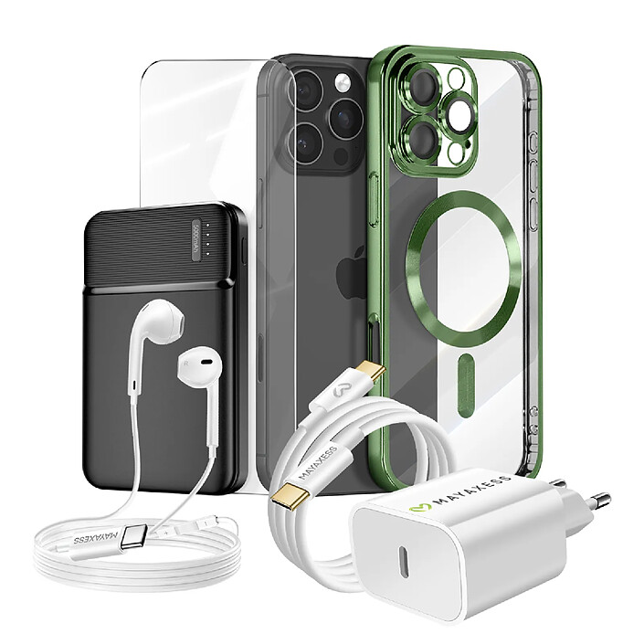 Mayaxess Pack Complet pour  iPhone 16 Pro Max Coque, Verre, Chargeur, Batterie externe, écouteurs (6 pièces) Vert