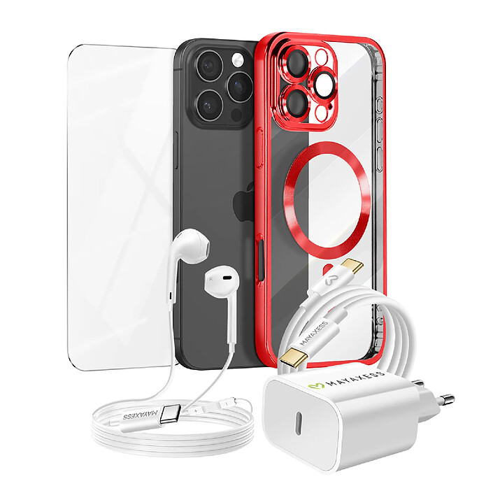Mayaxess Pack Essentiel pour iPhone 16 Pro Max Coque, Verre, Chargeur, Écouteurs (5 pièces) Rouge