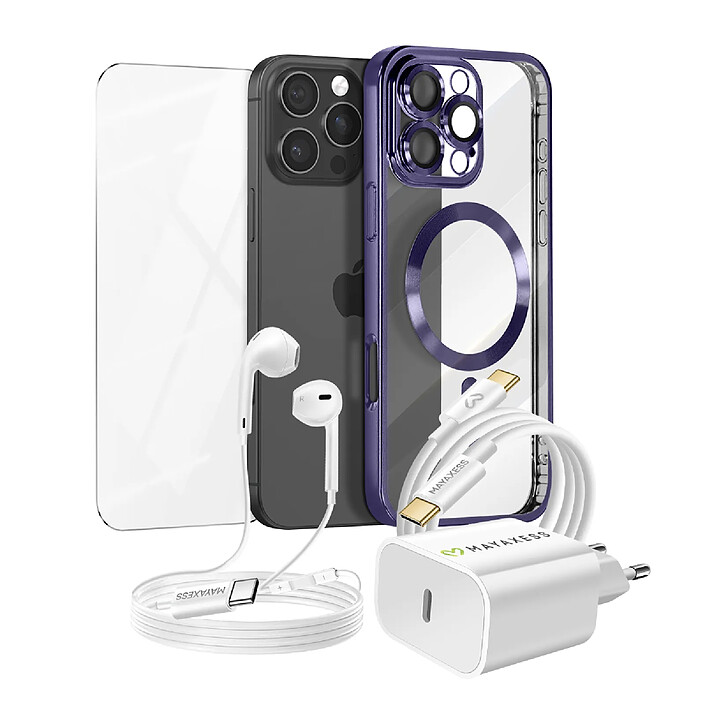 Mayaxess Pack Essentiel pour iPhone 16 Pro Max Coque, Verre, Chargeur, Écouteurs (5 pièces) Violet
