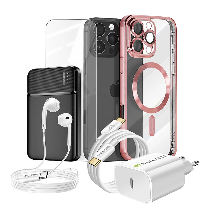Mayaxess Pack Complet pour  iPhone 16 Pro Max Coque, Verre, Chargeur, Batterie externe, écouteurs (6 pièces) Rose