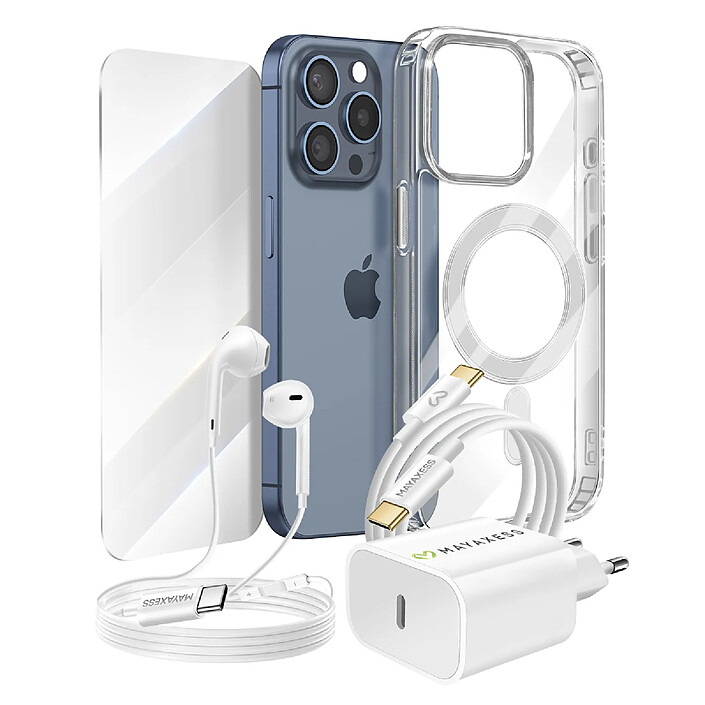 Mayaxess Pack Essentiel pour iPhone 15 Pro Max Coque, Verre, Chargeur, Écouteurs (5 pièces) Transparent