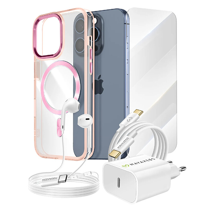 Mayaxess Pack Essentiel pour iPhone 15 Pro Coque, Verre, Chargeur, Écouteurs (5 pièces) Rose champagne