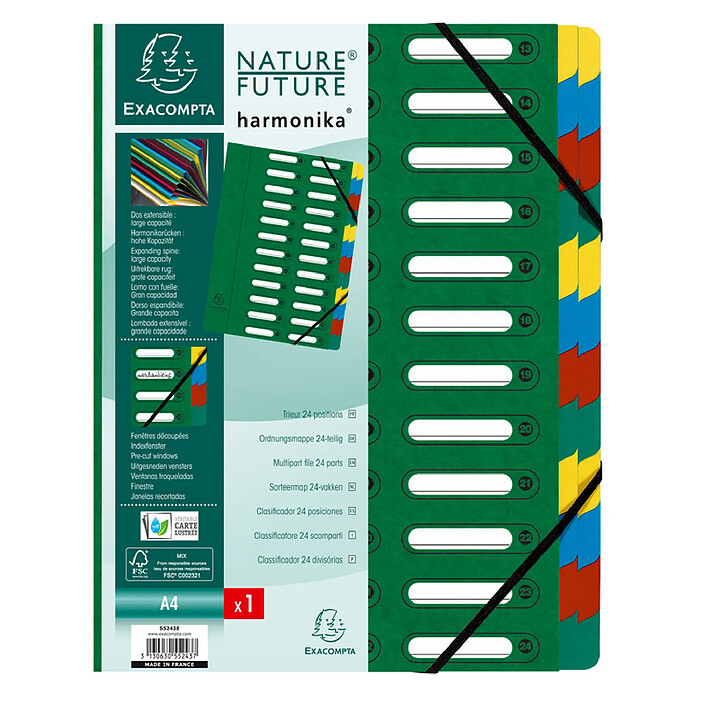 EXACOMPTA Trieur HARMONIKA® à fenêtres et élastique carte lustrée 24 comp Vert