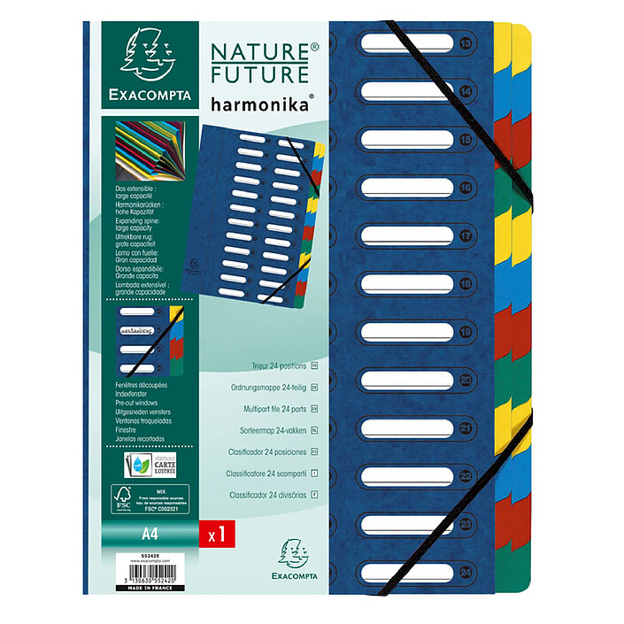 EXACOMPTA Trieur HARMONIKA à fenêtres et élastiques carte lustrée 24 comp. Bleu x 4
