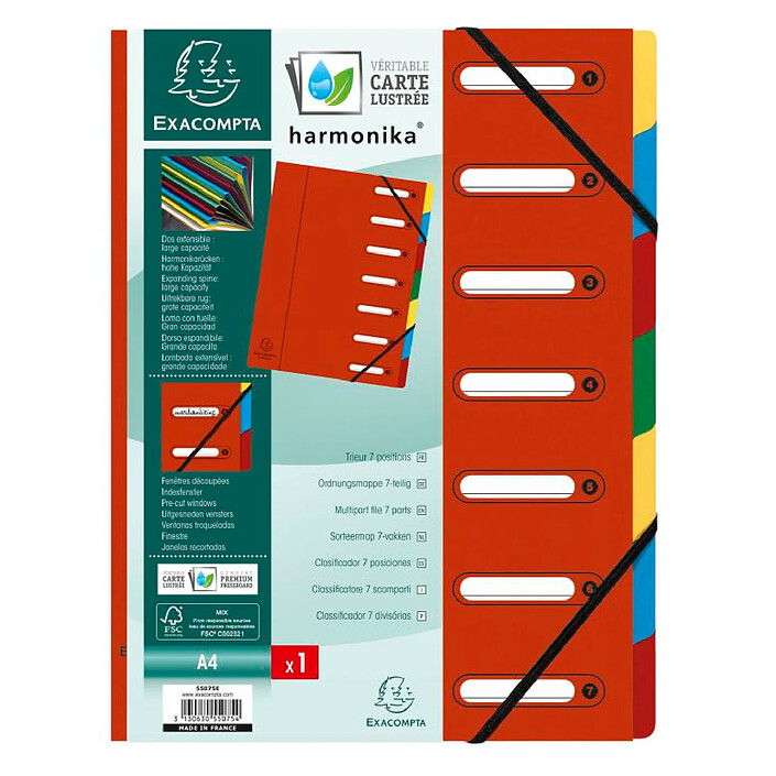 EXACOMPTA Trieur Harmonika, A4, 7 compartiments, rouge x 8