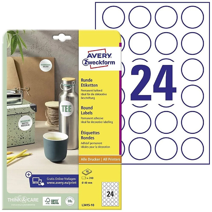 AVERY Étiquettes rondes L3415-10 (240 sur 10 feuilles à imprimer, autocollantes, Ø 40 mm, A4