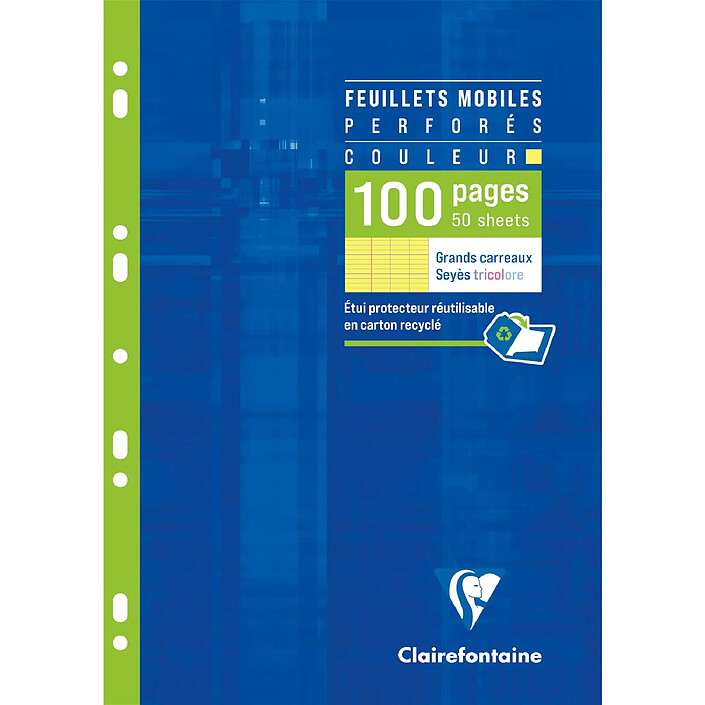 CLAIREFONTAINE Étui de 50 Feuillets Mobiles Perforés Jaunes - A4 21x29,7 cm - 100 P 90gGrands Carreaux x 10