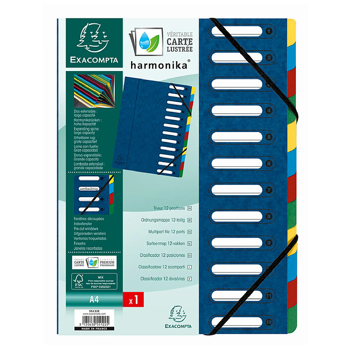 EXACOMPTA Trieur Harmonika à Fenêtres avec Élastiques 12 Compartiments Bleu