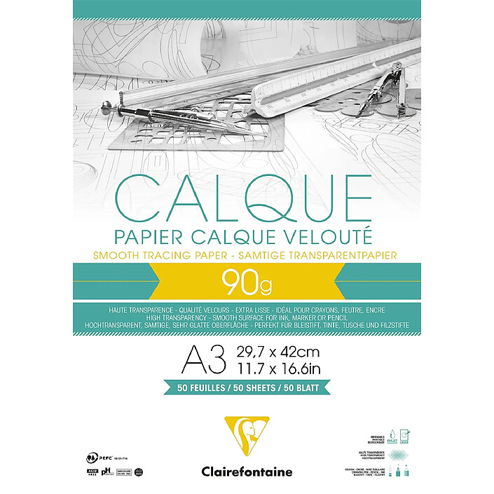CLAIREFONTAINE Bloc calque supérieur encollé A3 50 feuilles 90/95g