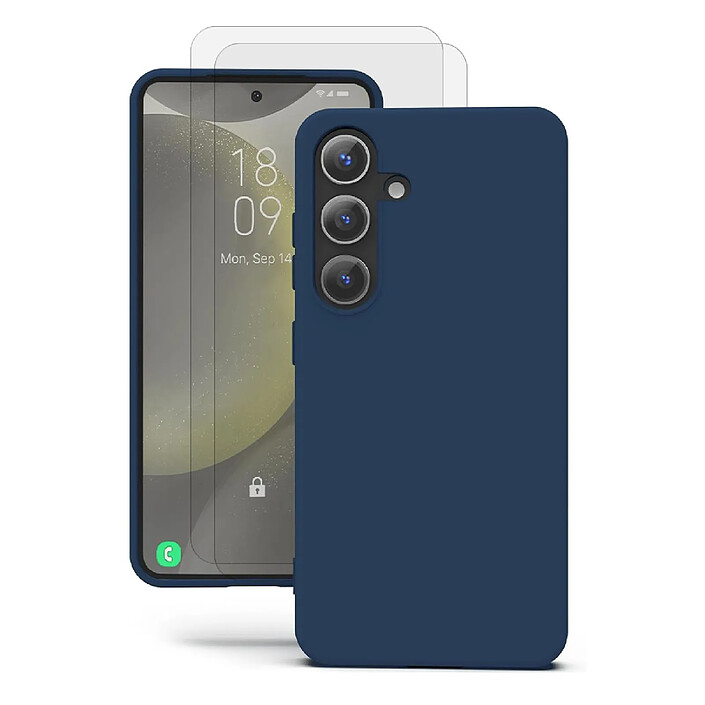 Evetane Coque Samsung Galaxy S24 + Silicone Liquide Bleue + 2 Vitres en Verre Trempé Protection écran