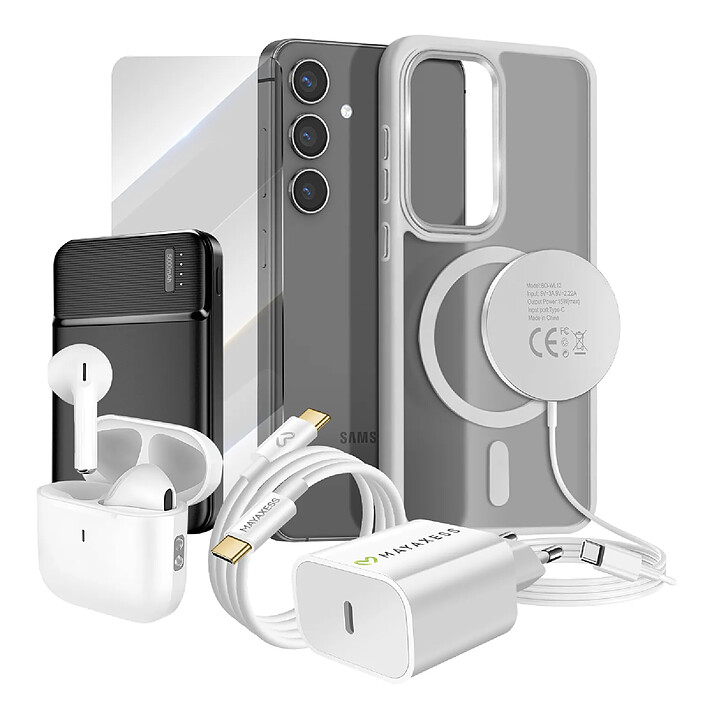 Mayaxess Pack Elite pour Galaxy S24 Coque, Verre, Chargeur, Batterie Externe, Magsafe, Écouteurs Bluetooth (7 pièces) Gris