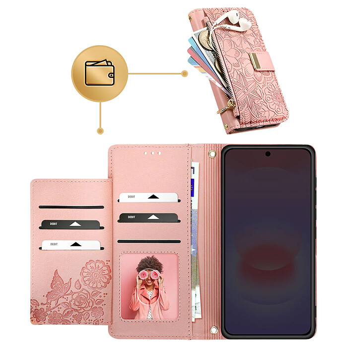 Avizar Étui Portefeuille pour Galaxy A37 Motif Floral avec Poche Zippée Intégré Rose pas cher