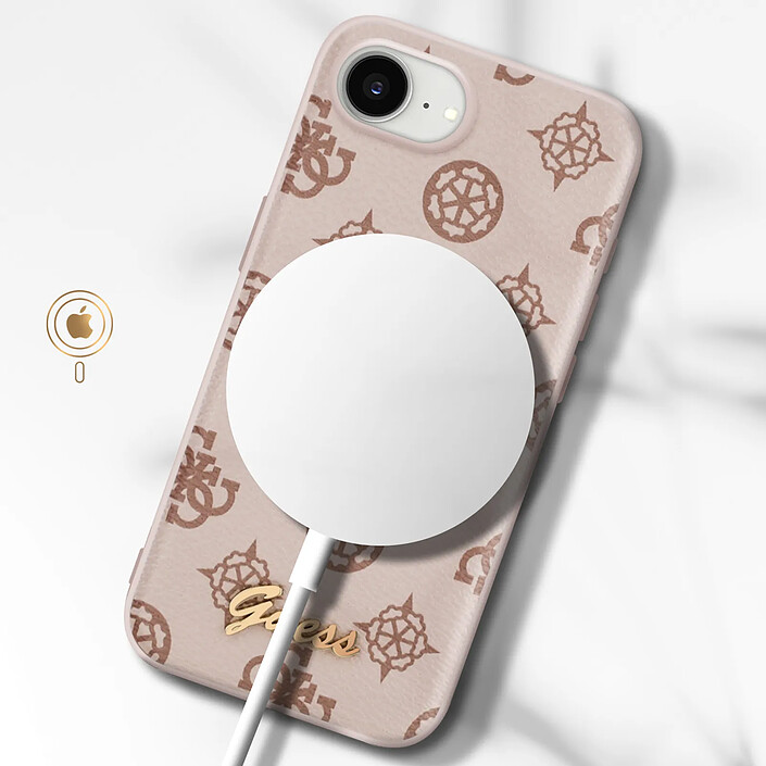 Avis Guess Coque MagSafe pour iPhone 17e Série Peony Script Logo Antichoc Marron clair