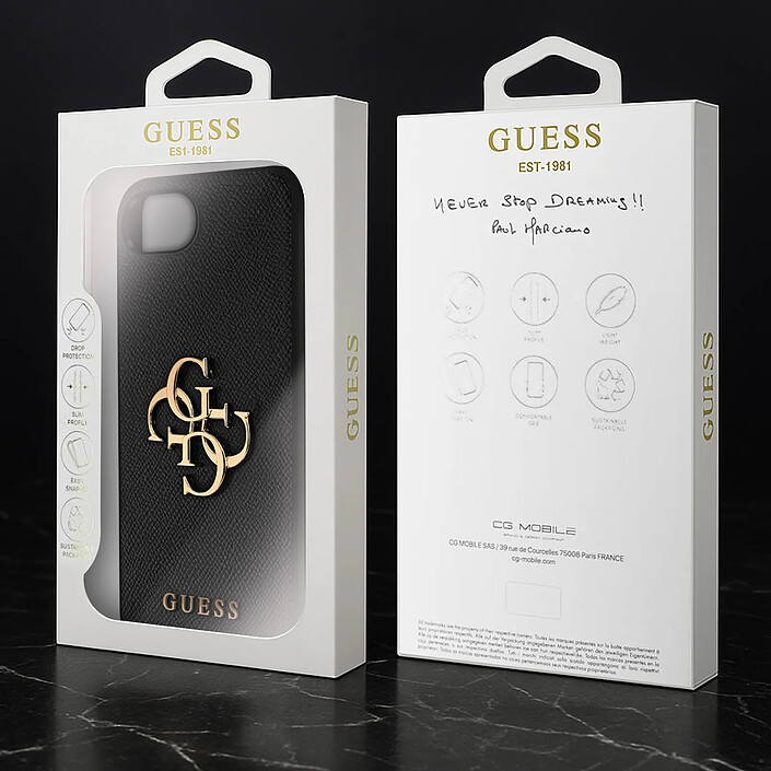 Guess Coque pour iPhone 17e avec Grand Logo 4G Effet Grainé en Similicuir Saffiano Noir pas cher