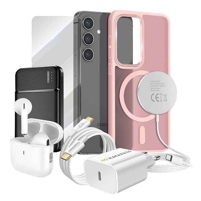 Mayaxess Pack Elite pour Galaxy S24 Coque, Verre, Chargeur, Batterie Externe, Magsafe, Écouteurs Bluetooth (7 pièces) Rose