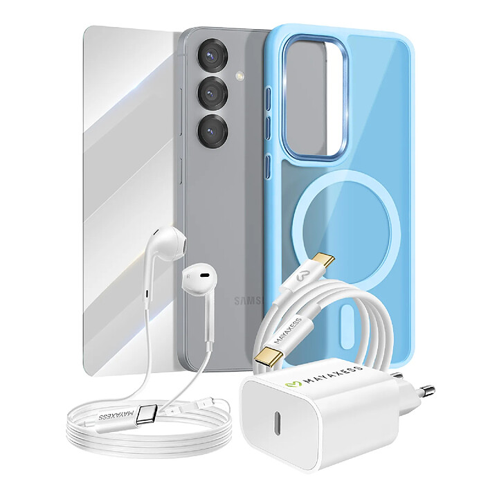 Mayaxess Pack Essentiel pour Galaxy S25 Coque, Verre, Chargeur, Écouteurs (5 pièces) Bleu clair