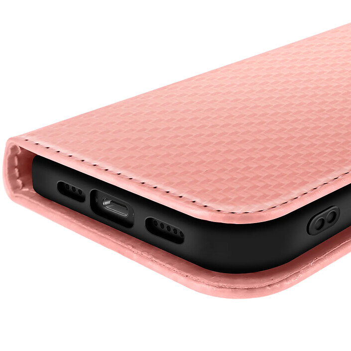 Étui à Clapet pour iPhone 17e Effet Carbone avec Porte-Cartes et Support Rose pas cher