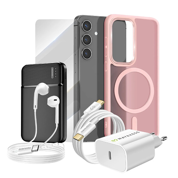 Mayaxess Pack Complet pour Galaxy S24 Coque, Verre, Chargeur, Batterie Externe, Écouteurs (6 pièces) Rose