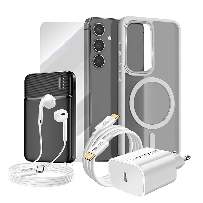 Mayaxess Pack Complet pour Galaxy S24 Coque, Verre, Chargeur, Batterie Externe, Écouteurs (6 pièces) Gris