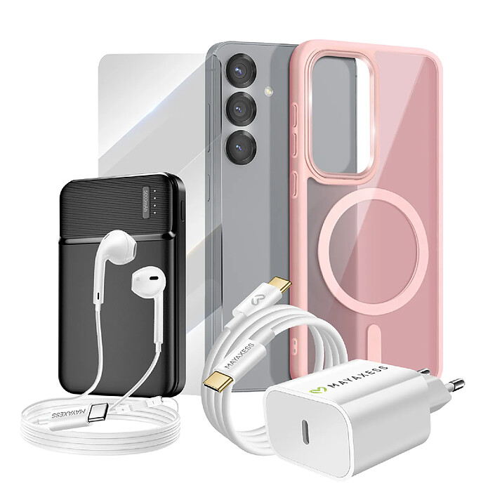 Mayaxess Pack Complet pour Galaxy S25 Coque, Verre, Chargeur, Batterie Externe, Écouteurs (6 pièces) Rose