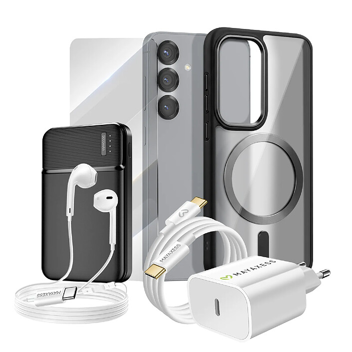 Mayaxess Pack Complet pour Galaxy S25 Coque, Verre, Chargeur, Batterie Externe, Écouteurs (6 pièces) Noir