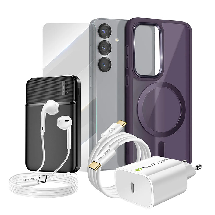 Mayaxess Pack Complet pour Galaxy S25 Coque, Verre, Chargeur, Batterie Externe, Écouteurs (6 pièces) Violet