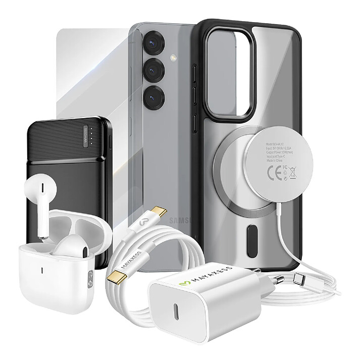 Mayaxess Pack Elite pour Galaxy S25 Coque, Verre, Chargeur, Batterie Externe, Magsafe, Écouteurs Bluetooth (7 pièces) Noir