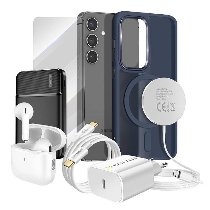 Mayaxess Pack Elite pour Galaxy S24 Coque, Verre, Chargeur, Batterie Externe, Magsafe, Écouteurs Bluetooth (7 pièces) Bleu nuit