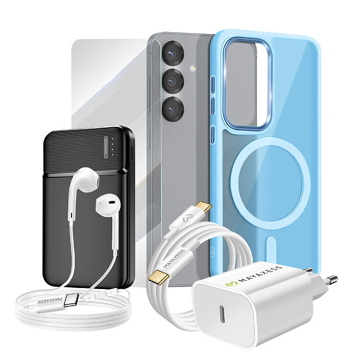 Mayaxess Pack Complet pour Galaxy S25 Coque, Verre, Chargeur, Batterie Externe, Écouteurs (6 pièces) Bleu clair