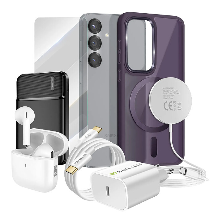 Mayaxess Pack Elite pour Galaxy S25 Coque, Verre, Chargeur, Batterie Externe, Magsafe, Écouteurs Bluetooth (7 pièces) Violet