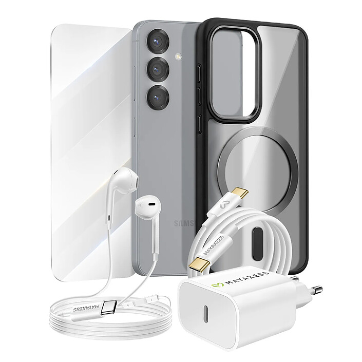 Mayaxess Pack Essentiel pour Galaxy S25 Coque, Verre, Chargeur, Écouteurs (5 pièces) Noir