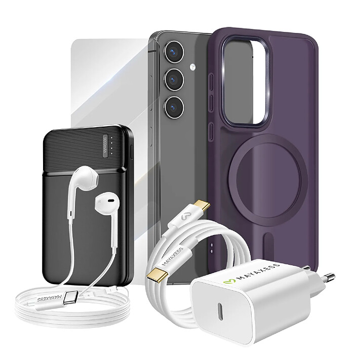 Mayaxess Pack Complet pour Galaxy S24 Coque, Verre, Chargeur, Batterie Externe, Écouteurs (6 pièces) Violet
