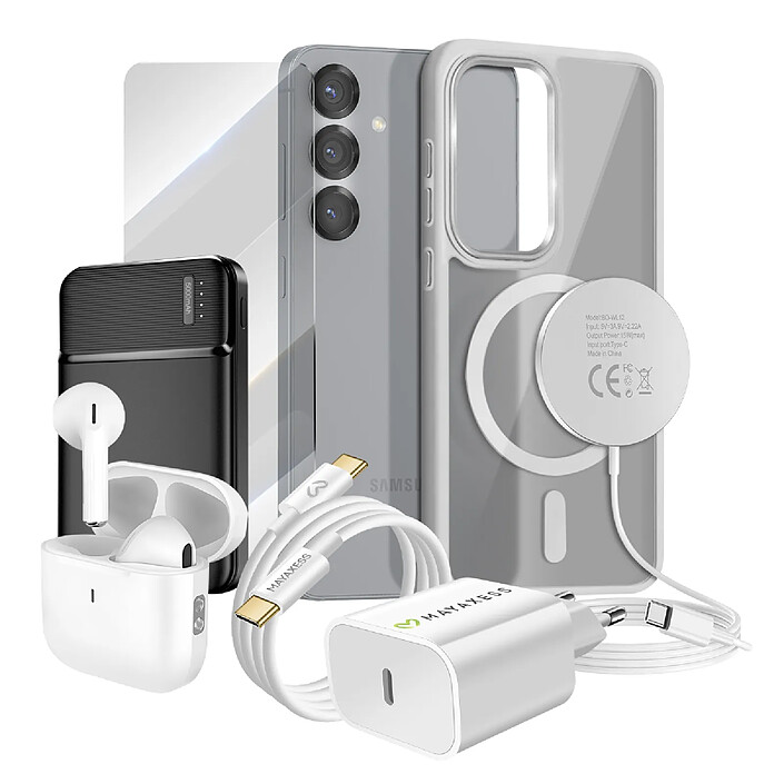 Mayaxess Pack Elite pour Galaxy S25 Coque, Verre, Chargeur, Batterie Externe, Magsafe, Écouteurs Bluetooth (7 pièces) Gris