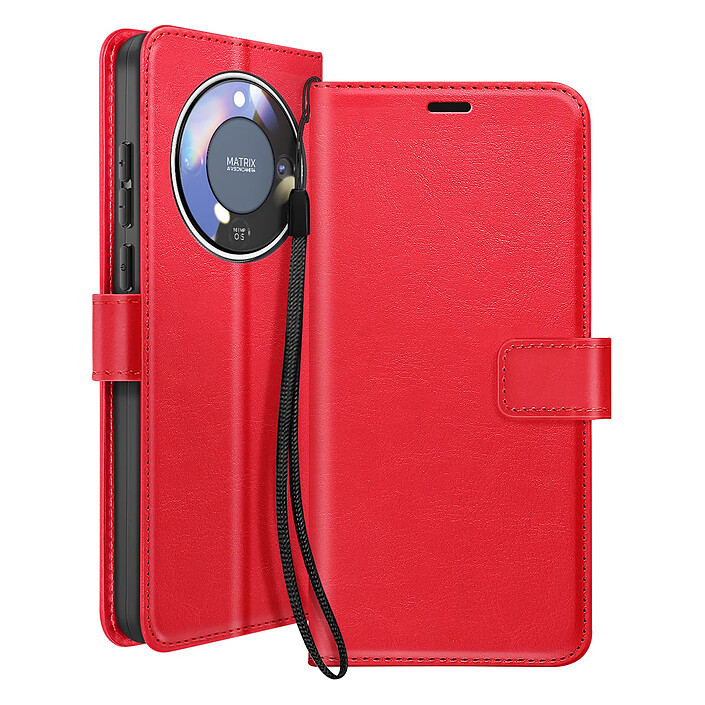 Mayaxess Étui Portefeuille pour Honor Magic 8 Lite avec Dragonne et Fonction Stand Rouge