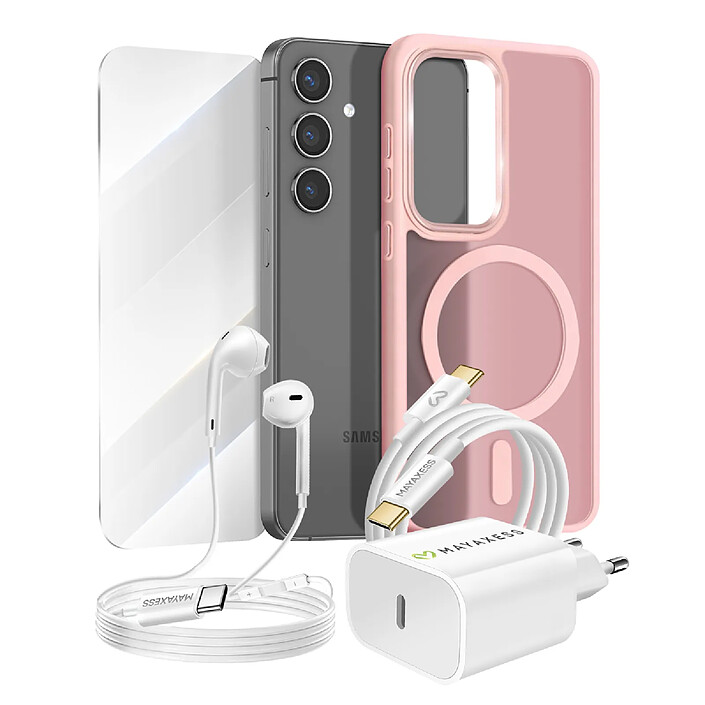 Mayaxess Pack Essentiel pour Galaxy S24 Coque, Verre, Chargeur, Écouteurs (5 pièces) Rose