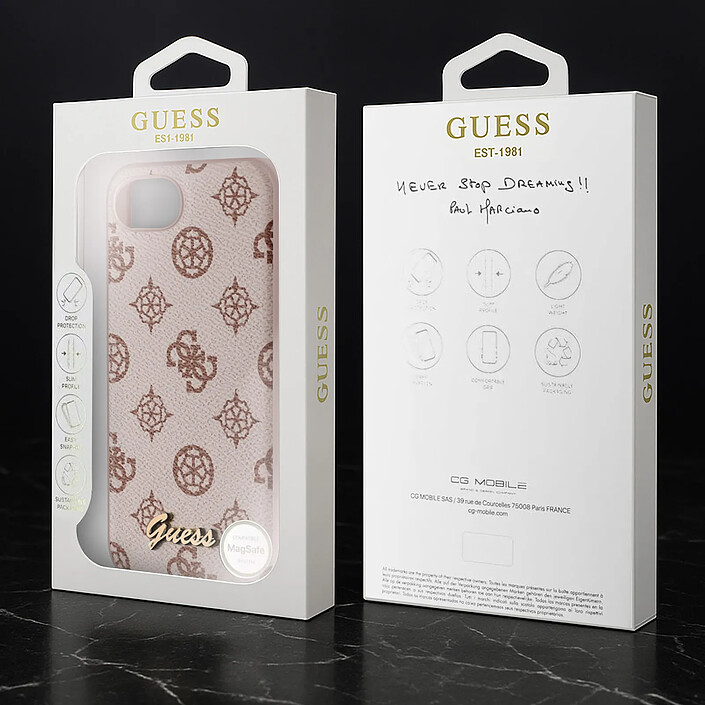 Guess Coque MagSafe pour iPhone 17e Série Peony Script Logo Antichoc Marron clair pas cher