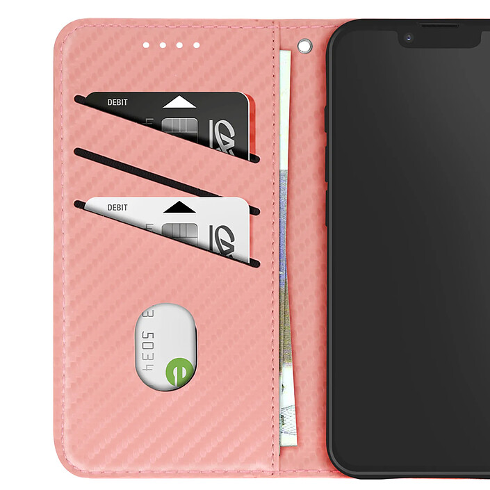 Avis Étui à Clapet pour iPhone 17e Effet Carbone avec Porte-Cartes et Support Rose