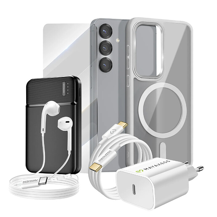 Mayaxess Pack Complet pour Galaxy S25 Coque, Verre, Chargeur, Batterie Externe, Écouteurs (6 pièces) Gris