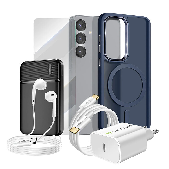 Mayaxess Pack Complet pour Galaxy S25 Coque, Verre, Chargeur, Batterie Externe, Écouteurs (6 pièces) Bleu nuit